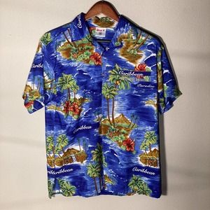 Mia's Men's Medium Blue Button Down Shirt Cayman Islands Floral Hawaiian Palm